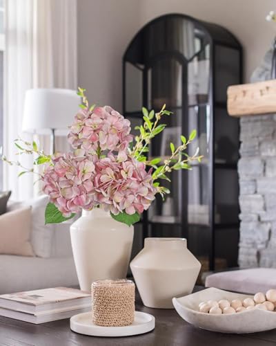 Pink Artificial Hydrangea Flowers 18.8 Inch Long with 6 Inch Full Realistic Bloom Lifelike Silk Faux Hydrangea Stems for Wedding Bouquet, Table Centerpieces, Party Decor, Home Indoor Decoration - color: Greyish Pink