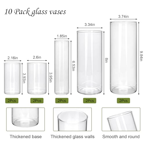 Glass Cylinder Vase,10 Pack Glass Flower Vases,Hurricane Floating Candle Vases for Centerpieces Tables,Tall Cylinder Clear Vase for Centerpieces Wedding Party Home Décor - size: Smooth Set-10PCS