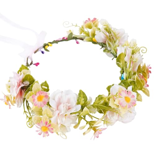 Pink Flower Crown Headband, Artificial Rose Daisy Floral Headpiece, Adjustable Fairy Boho Bridal Flower Crown for Women Girls Renaissance Birthday Wedding Festivals Party Hair Accessories - color: Rose Daisy Pink