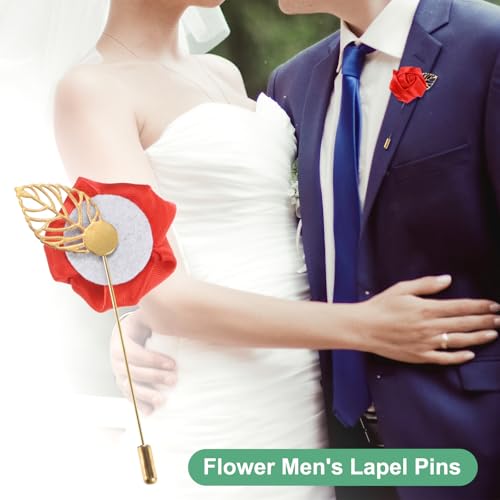 M METERXITY 12-Pack Flower Lapel Pins for Men, Golden Leaf Rose Boutonnieres Pin for Wedding/Dance/Party, Mens Lapel Pins for Suits Satin Flower Corsage Hat Pins [Red] - color: Red