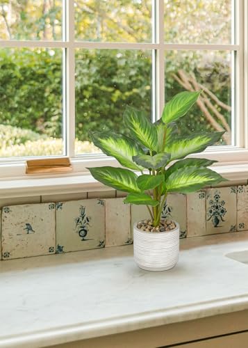 Small Fake Plants Indoor 14.5 Inch Potted Plant Artificial Decor 12 Leaves Faux Plant with Cement Pot Silk House Plants for Home Office Bathroom Kitchen Farmhouse Table Centerpieces Shelf Decor - color: Green, size: 14.5'' Plant