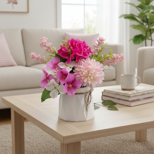 2 Potted Red Hydrangea Artificial Flowers Bathroom Decorations，Faux Silk Chrysanthemum Floral Hydrangea Plant Small Fake Flower Bouquet Coffee Table Decor for Living Room Home Kitchen Office - color: Red