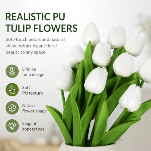 10 Pack Tulips Artificial Flowers PU Faux Flowers Fake Tulips for Home Kitchen Wedding Dining Table Decorations Mother's Day Easter Valentine's Day Decor (White) - color: White