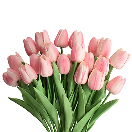 20pcs Artificial Tulips Flowers Fake Faux PU Tulip Bouquet Real Touch Flower Arrangement for Home Room Office Party Wedding Decoration Excellent Gift Idea for Mothers Day (Pink) - color: Pink 20