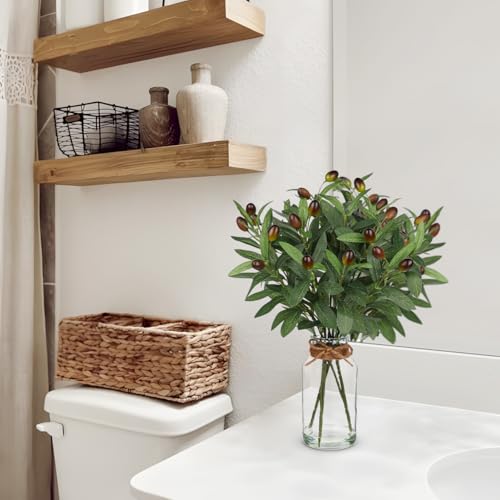 Hollyone Artificial Olive Branch in Glass Vase with Faux Water 15.7" Fake Plants Olive Leaves Stems for Indoor Shelf Desk Home Bathroom Wedding Table Centerpiece Decor - color: Green #6