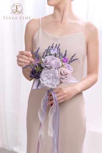TINGE TIME 7 Inch Artificial Flowers Wedding Bouquets for Bridesmaid, Set of 4, Lavender Bride Tossing Bouquet for Rustic Wedding Ceremony Bridal Shower Rehearsal Dinner Vintage Party - color: Lavender