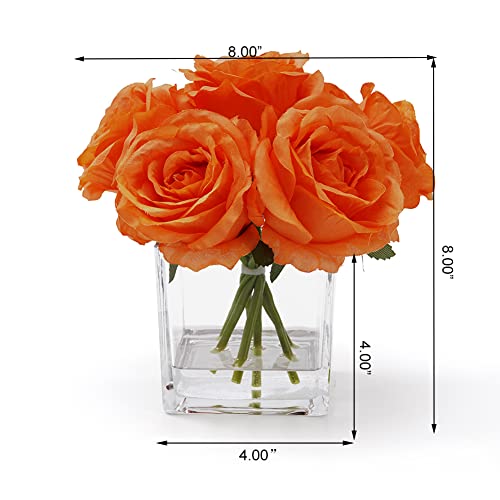 Silk Rose Artificial Flowers in Vase, Faux Floral Arrangement with Fake Water in Vase for Home Decor, Wedding Table (Orange) - color: Orange