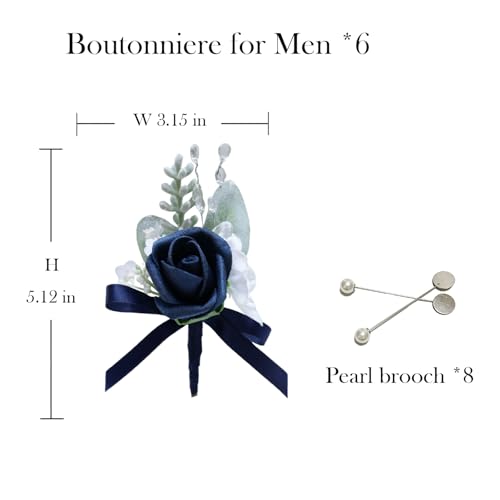 Marriwise 6pcs Rose Boutonniere for Men, Artificial Flowers Wedding Groom Groomsmen Boutonniere for Wedding/Anniversary/Prom/Rustic Wedding/Homecoming (Dark Navy Blue) - color: Dark Navy Blue