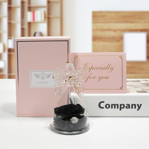 Miofula Gifts for Mom Birthday Gifts for Women, Preserved Flowers Rose in Glass Angel Figurines, Fresh Flowers for Delivery Anniversary Forever Real Roses Gifts for Mothers Grandma Her Wife Girlfriend - color: Black