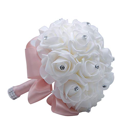 MOJUN Wedding Bouquets Crystal PE Roses Bridal Bridesmaid Wedding Hand Holding Bouquet Artificial Fake Flowers Toss Bouquet, Pale Pink - color: Pale Pink