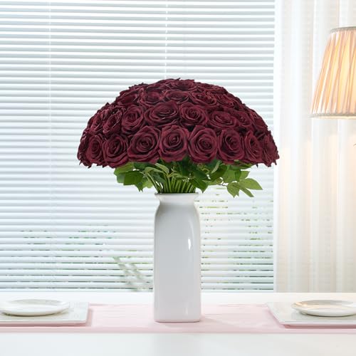 100pcs Burgundy Roses Artificial Flowers, Wine Red Artificial Flowers Bulk Realistic Silk Faux Roses with Stems for Wedding Table Centerpieces Bridal Bouquet DIY Floral Arrangement Event Party - color: Burgundy