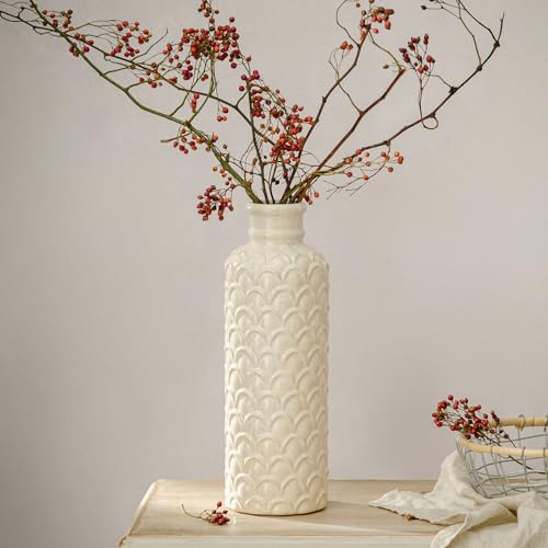 Ceramic Flower Vase, 13.98" Tall Rustic Farmhouse Decorative Vase for Home Decor, Beige Textured Pottery Vase for Pampas Grass, Living Room, Entryway, Mantel, Kitchen Table - color: 101-white