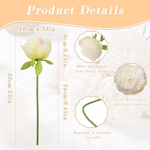 SITUMEIZI 10PCS Artificial Peony Flowers, Real Touch Fake Silk Bouquet with Stems for Home Mothers Day Wedding Party Centerpieces Table Decoration Indoor(Ivory White) - color: Ivory White