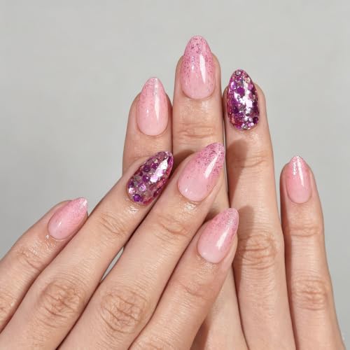 32Pcs Soft Gel Press on Nails for Women, Glitter Pink, Short Almond | Sparkling Chunky Sequins False Fake Nails Press Ons for Party Night Out, Salon Quality Reusable Glue & Stick on Nail Gift Kit - color: 3H-Glitter Pink