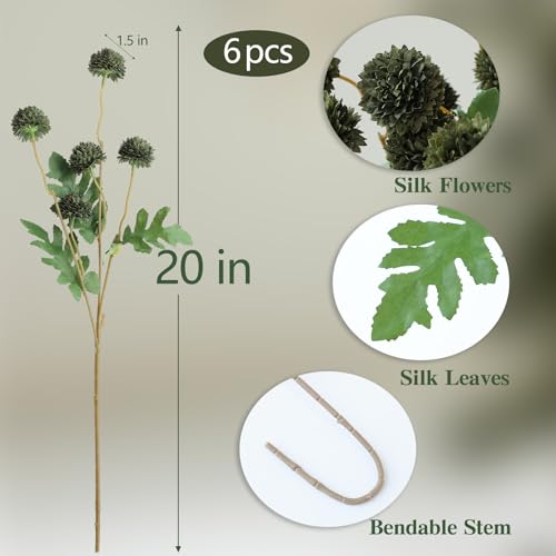 Mizii 6Pcs Green Fake Silk Pompon Mum Artificial Flowers Bulk Small Faux Chrysanthemums with Stems Realistic Floral Decorations for Wedding DIY Bouquet Centerpieces Shower Vase Home Decor (Dark Green) - color: Dark Green