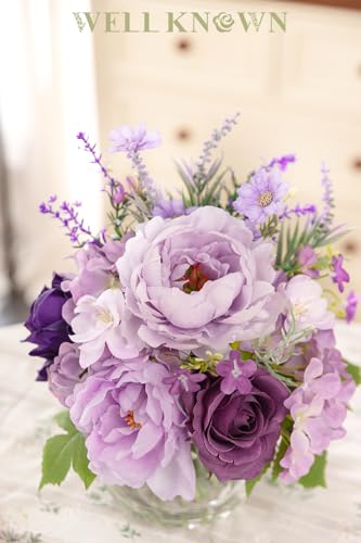 Artificial Flowers in Vase for Home Decor, Fake Lavender & Silk Peony Rose Bouquet Centerpieces in Glass Vase with Fake Water for Party Wedding Dinning Table Office Hotel Decor (Lavender Purple Mixed) - color: Lavender Mixed