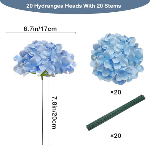 20 Pcs Blue Hydrangea Artificial Flowers Bulk, Faux Hydrangea Flowers Heads, Artificial Fake Silk Hydrangea Flowers with Stems, Blue Flowers Artificial for Decoration Wedding Décor - color: Light Blue, size: 20 Pcs