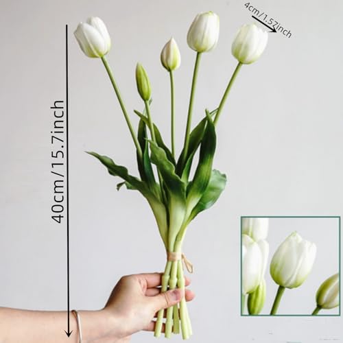 Fake Tulips Real Touch Artificial Flower Bouquet Faux Latex Tulips Flowers for Home Table Party Wedding Decoration 10 Pcs (White) - color: White