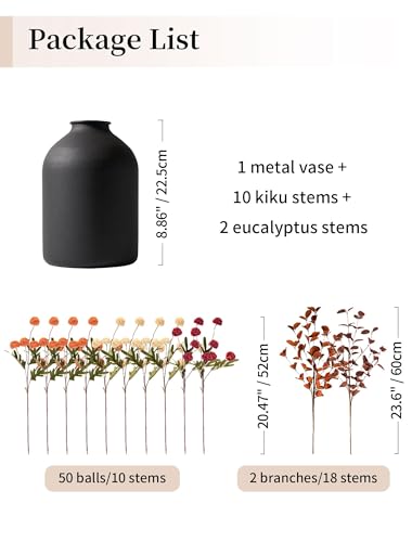 BLOSMON Flower Centerpiece Table Decorations: Metal Vase with 12 Stems of Fake Mums Kiku Flowers Eucalyptuses for Home Dining Room - Burnt Orange Artificial Pom Poms Floral Arrangement in Vase - color: Burnt Orange