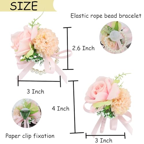 Pink Corsage and Boutonniere Set Rose Silk Wrist Corsage for Prom Wedding Brides Pocket Boutonniere for Men Prom Party Decor 2PC - color: Pink Corsage - Single Chain