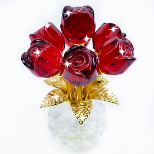TWINKLING Crystal Roses Figurine with Round Vase, Glass Rose Crystal Flowers Bouquet, Birthday, Anniversary,Wedding, Home Décor,Gold Leaf (Red) - color: Red(gold Leaf)