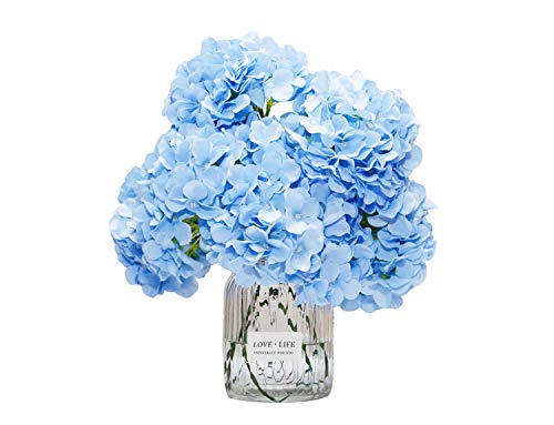 DuHouse Artificial Hydrangea Silk Flower Heads with Stem Fake Blue Hydrangea Bigger Flowers for Wedding Home Garden Centerpiece Pack of 6 - color: Blue