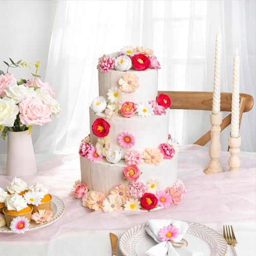 Fake Flower Heads for Crafts, 66PCS Mini Artificial Flowers Bulk, Small Silk Daisy Rose Sunflower Faux Floral Heads for DIY Hair Clips, Wedding Cake, Graduation Cap, Wreath & Party Decoration - color: Pink