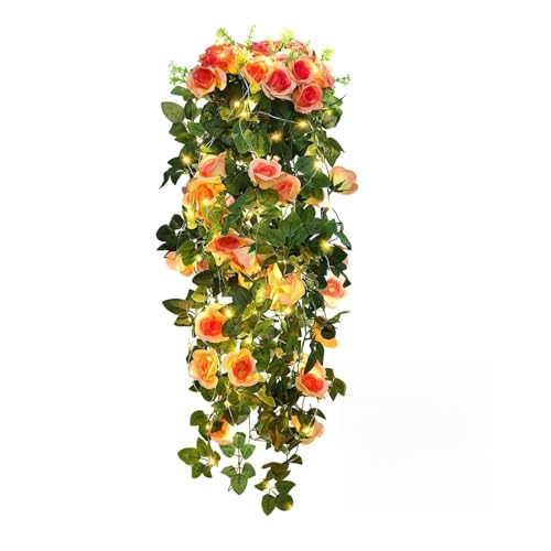 RECUTMS Artificia Hanging Rose Flower Plants, 2 PCS 37 Inches Light Pink Fake Floral Ivy Garland with 30 LED Fairy String Lights for Home Garden Wedding Bridal Shower Derby Party Indoor Outdoor Decor - color: Light Pink, size: 2 pcs light