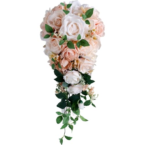 9.8 Inch Cascading Bridal Bouquet Waterfall Cascade Wedding Bouquet Bride with Artificial Rose Flower Rustic Boho Wedding Ceremony Bouquet Light Peach Pink and Champagne - color: Light Peach & Champagne