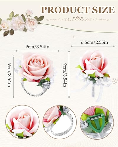 eZAKKA Wristlet Corsage and Boutonniere Set, Pink Rose Boutonniere for Men, Flower Wrist Corsage Bracelets Decorations for Wedding Party Prom Suit, 2 Pcs - color: Pink