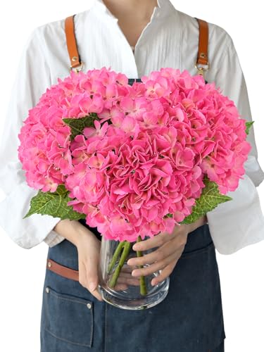 JINWOE Faux Hydrangea Flowers for Decoration,3pcs 21" Latex Real Touch Lifelike Faux Flowers, Full Fake Artificial Hydrangeas with Stems for Bouquet Table Centerpieces Spring Home Decoration（Fuchsia） - color: Fuchsia