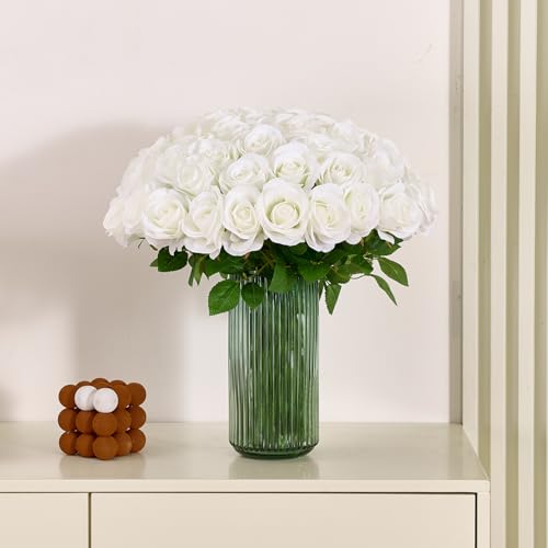 60 Pcs Ivory Fake Roses Artificial Flowers Bulk Realistic Silk Faux Rose with Stems for Wedding Decoration Anniversary Bridal Bouquet DIY Floral Arrangement Romantic Home Decor Gifts - color: Ivory