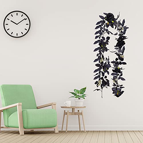 TITA-DONG 70.9 Inch Halloween Red Rose Vine Fake Floral Wall Hanging Ornaments, Artificial Rose Vine Fake Flower Plants,Black Silk Flower Garland for Halloween Decor(#1)