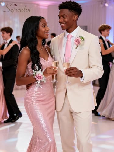 Serwalin Pink Corsage and Boutonniere Set, Boutonniere for Men and Wrist Corsage Wristlet Prom Homecoming Wedding Flowers Accessories Party Suit Decorations - color: Pink, size: 1 Boutonniere & 1 Wrist Corsage - 2pcs