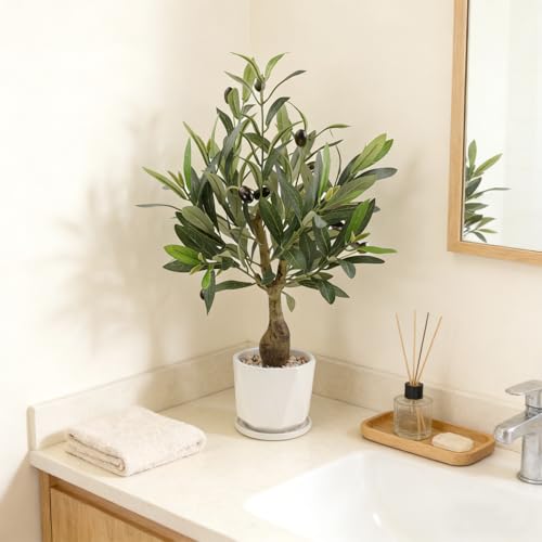 Fake Olive Tree with Pot Indoor, 18" Artificial Olive Tree Stems Potted Greenery Tabletop Faux Green Plants in Pot for Office Bedroom Bathroom Kitchen Living Room Home Decor - color: 18in