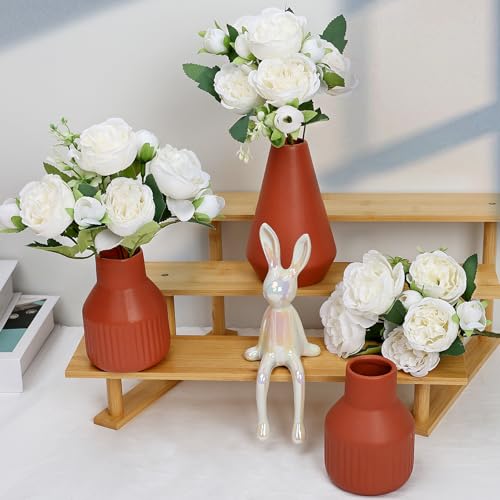 Flower Table Centerpiece - Dining Table Centerpiece Decor Set of 3 Fake Peonies in Ceramic Vases & Wood Tray Modern for Kitchen Island Living Room Coffee Table Home Decor (White) - color: White