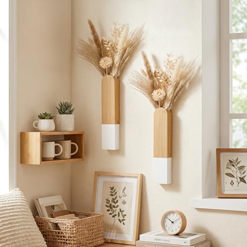 Modern Wood Wall Mounted Vase, White and Natural Wood, 11.8x2.6x1.6 Inches, Decorative Flower Holder for Bathroom Kitchen Farmhouse Dining Room - color: Natural and White