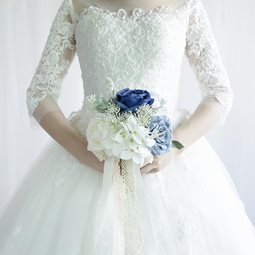 Wedding Bouquets for Bride Bridesmaid, Artificial Dusty Blue Bride Flower Bouquet for Wedding Church Decoration Ceremony, Anniversary, etc, Roses Flowers - color: Dusty Blue & Ivory & Navy Blue