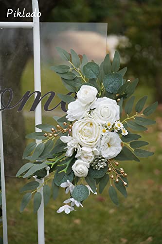 Faux Arch Flower Swag Set of 2 for Wedding Welcome Signs Floral Swag Wedding Reception Ceremony Signs Decor (White) - color: White