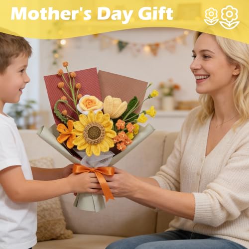 Crochet Flowers Bouquet, Luxurious Handmade Knitted Sunflower Bouquet, Artificial Flower Bouquet for Her, Wife,Lover,Girlfriend,Mother, Anniversary,Graduation,Birthday (with Gift Bag&Card) - color: Yellow, size: X-Large
