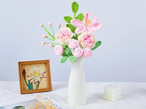 Crochet Flower Bouquet, Pink Crocheted Flowers Handmade Knitted Flowers Bouquet for Valentines Birthday Crochet Tulips Rose Bouquets Gifts for Flower Lovers (Including Gift Box and Card) - color: Z-pink
