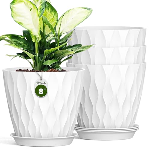 8 Inch Wave Plant Pots with Drainage Holes & Saucers, 4 Pack Modern Textured Medium Planters for Indoor Outdoor Plants, Decorative Flower Pots Repotting Set for Flowers, Herbs (White) - color: White