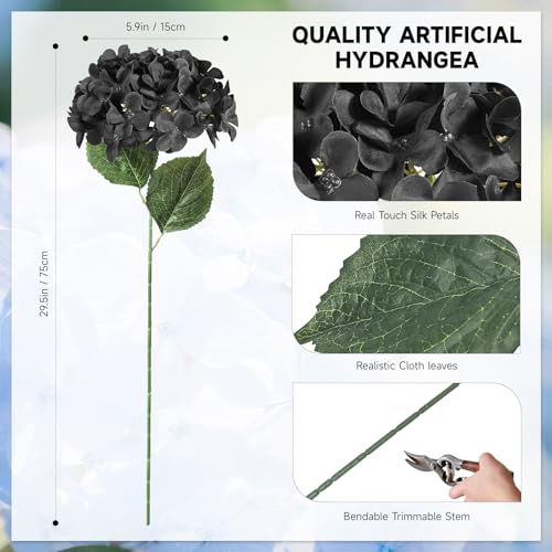 6 PCS Artificial Hydrangea Flowers, Faux Silk Hydrangea with Long Stems, Home Wedding Decor, Table Centerpieces, Party Decorations (Black) - color: Black