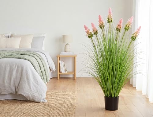 Jexine 2 Pieces 4 ft Artificial Tall Grass Plants Outdoor with Pink Cockscomb Flower Tall Artificial Grass Green Onions Plant Potted for Housewarming Gift House Garden Lobby Outdoor - color: Pink Cockscomb Flower