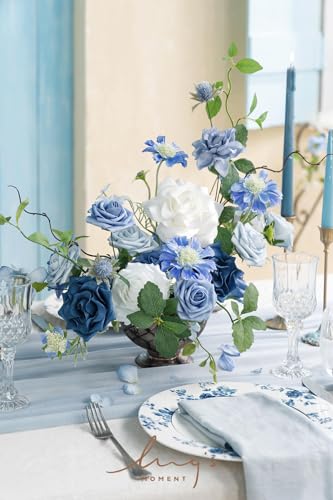 Ling's moment Fake Flowers Box, Artificial Faux Greenery Stems Silk Leaves Foam Rose for Wedding Bouquets Centerpieces Table Decorations Backyard Floral Arrangement, Dusty Blue & Ivory, Deluxe Combo - color: Blu-dusty Blue & Ivory & Sage, size: Deluxe