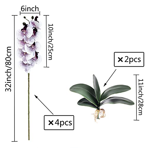 FagusHome Artificial Orchid Plant, 32'' Purple Core, 4 Pcs with 2 Bundles Leaves, Fake Butterfly Phalaenopsis Flowers for Home Decor - color: Purple Core