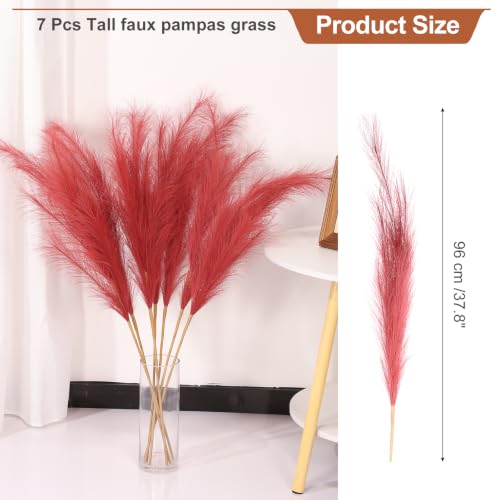 PATIKIL 37.8in Tall Pampas Grass Decor, 7pcs Large Artificial Pampas Grass Bulk Long Fluffy Faux Pampas Grass Dried for Home Boho Decor Vase Wedding Wall Ground, Dark Red - color: Dark Red