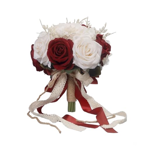LEIFENY Wedding Bouquets for Bride, Champagne White & Burgundy Bridal Bridesmaid Wedding Flowers, Artificial Toss Rose for Civil Ceremony (Jute Rope Handle) - color: Champagne White & Burgundy