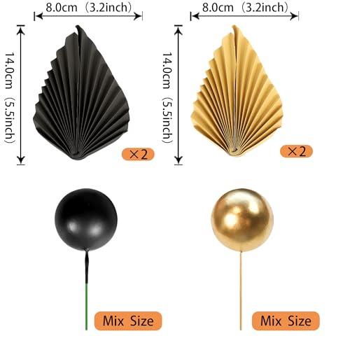 28 Pack Black Gold Balls & Palm Leaves Cake Toppers - Foam Balls & Paper Palm Leaf Cake Inserts for Birthday, Wedding, Baby Shower & Party Decorations - color: Black Gold