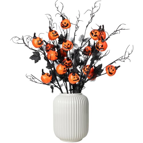 6 Pack Halloween Stems with Pumpkins & Black Maple Leaves – Faux Curly Willow Branches & Decorative Twigs for DIY Crafts, Home & Party Decoration